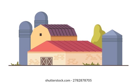 Set of farm building. Vector isolated group of agricultural land structures. Barns for livestock and storing hay, strow and grains. Cylindrical structures for storing silage or feeding goods