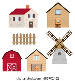 Set of farm buildings and constructions on white background.