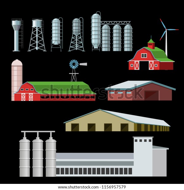 Set Farm Buildings Constructions Vector Illustration: vector de stock ...