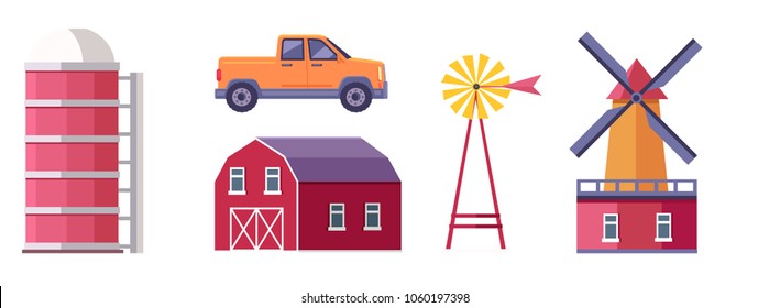 Set of farm buildings, structures and machines. Traditional wooden barn, windmill with wind water pump, pickup truck and granary flat isolated vector illustrations. Ranch icons collection
