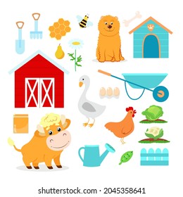 Set farm in cartoon style. The illustration depicts a barn, goby, goose, rooster, chicken, eggs, dog and kennel, barn, fence, watering can, rake, fence, bone, pear, cauliflower, cabbage, honey jar.