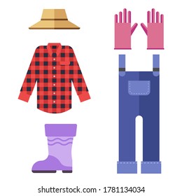 Set of farm clothes on an isolated white background. Hat, shirt, gloves, overalls, boots in flat design. Vector stock illustration