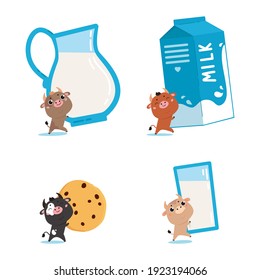 Set of farm cows and ox with glass, jug, cookies and pack of milk. Cute cartoon animals on white background. Vector Illustration for printing on products and packaging containing milk in simple style.