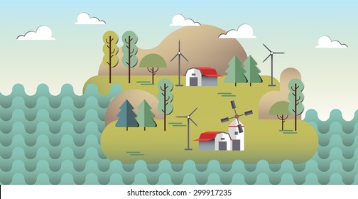 Set of farm design element. Landscape flat illustration. Ecology poster. Riverside. Infographic. Ship. Mountins, Wind turbines