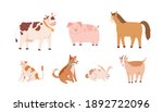 Set of farm and domestic animals and pets: adorable cow with bell, funny pig, horse, goat, rabbit, dog with collar and cat. Childish colored flat vector illustration isolated on white background.