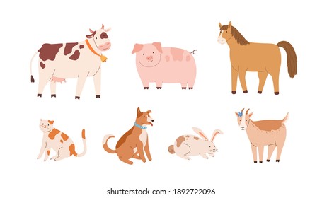 Set of farm and domestic animals and pets: adorable cow with bell, funny pig, horse, goat, rabbit, dog with collar and cat. Childish colored flat vector illustration isolated on white background.