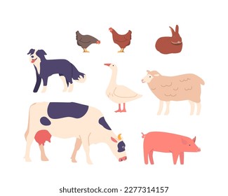 Set of Farm Domesticated Animals Icons Cow, Pig, Sheep And Chicken, Dog or Rabbit on Farmyard. Meat, Milk, Or Eggs