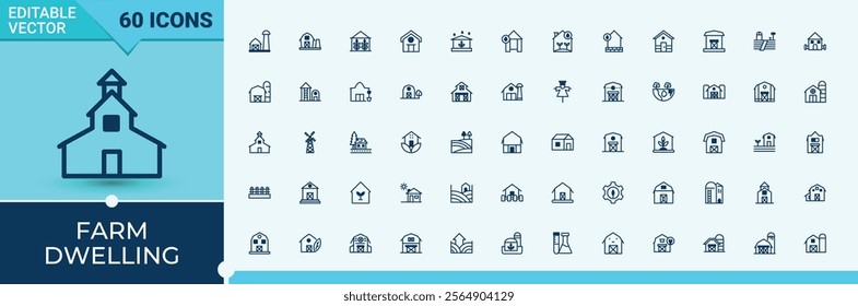 Set of Farm Dwelling line icons. Featuring seed, Farmhouse, bio, pig, machine, industry, inn, animal, nature. Outline icon. Vector line and solid icons.