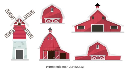 Set of farm elements. Agriculture isolated illustrations. Barn buildings, wind turbines. Design for banner, layout, annual report, web, flyer, brochure, ad. Cartoon vector illustration