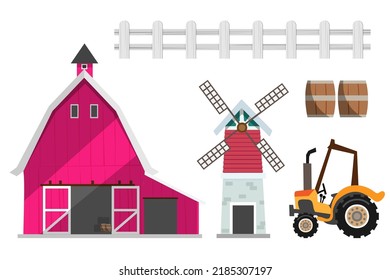 Conjunto de elementos de granja. Ilustraciones agrícolas aisladas. Edificios de Bran, turbinas eólicas, vehículo, tractor, cañón, faja. Diseño para banner, web, volante, folleto, anuncio. Ilustración vectorial de dibujos animados