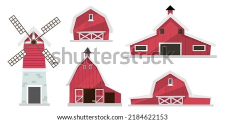 Set of farm elements. Agriculture isolated illustrations. Barn buildings, wind turbines. Design for banner, layout, annual report, web, flyer, brochure, ad. Cartoon vector illustration