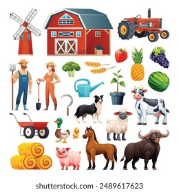 Set of farm elements with barn, farmers, tractor, animals, and crops. Vector cartoon illustration