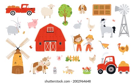 Set farm elements. Collection farm animals in a flat style. Children farmers are harvesting crops. Illustration with pets, children, mill, pickup, barn, tractor isolated on white background. Vector