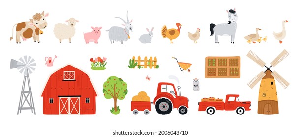 Set farm elements. Collection farm animals in a flat style. Illustration with pets cow, horse, pig, goose, rabbit, chicken, turkey, goat, sheep, barn, mill, tractor isolated white background. Vector