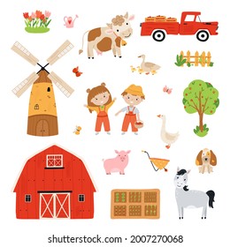 Set farm elements. Collection farm animals in a flat style. Children farmers are harvesting crops. Illustration with pets, children, mill, pickup, barn, pickup isolated on white background. Vector