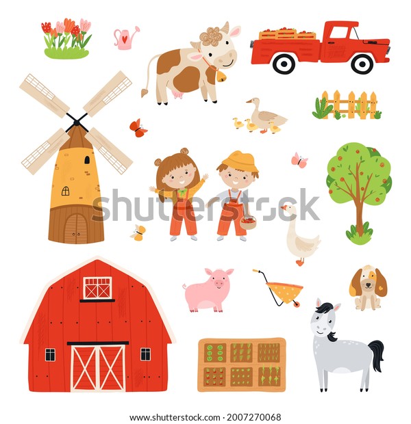 Set farm elements. Collection farm animals in a\
flat style. Children farmers are harvesting crops. Illustration\
with pets, children, mill, pickup, barn, pickup isolated on white\
background. Vector