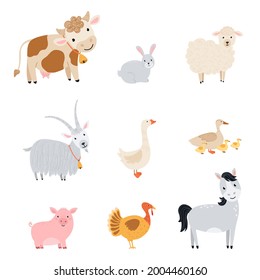 Set farm elements. Collection cute farm animals in a flat style. Illustration with pets cow, horse, pig, goose, rabbit, chicken, goat, sheep, turkey, duck isolated on white background. Vector