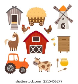 Conjunto de Elementos de granja, con linda vaca, caballo, gallina, gallo y colmena con abejas, así como edificios de granja, molino de viento, tractor, conjunto de ilustraciones de elementos de vida del campo