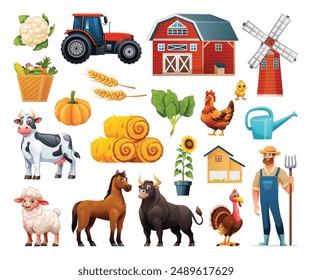 Conjunto de Elementos de granja incluyendo granero, molino de viento, tractor, animales y cultivos. Vector ilustración de dibujos animados