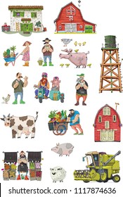 Set of farm elements like farmers, animals.