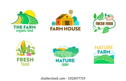 Set Farm or Farmer Food Logo. Ecological Natural Organic Production, Advertising or Promotional Poster, Fresh and Tasty Food Products of Premium Quality. Cartoon Vector Illustration, Icon or Label