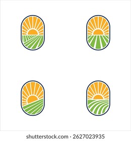 Set of Farm Field and Sunrise Logos, Conjunto minimalista do logotipo da fazenda com nascer do sol estilizado sobre campos agrícolas verdes, ideal para identidade de marca ecológica, orgânica ou agrícola.