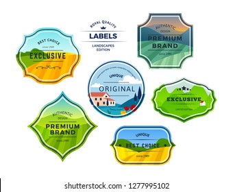 Set of Farm Fields Landscapes in Hipster Labels with Frames. Rural Farmhouse on Grasses Fields with Mountains. Authentic Retro Vector Tags Design.