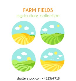 Set of farm fields landscapes. Round badges with crop in field. Cartoon green field of sowing. Flat argiculture collection.