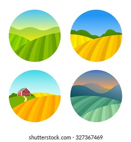 Set of Farm Fields Landscapes. Rural Farmhouse on Grasses Fields with Mountains. Agriculture in Village Illustrations.