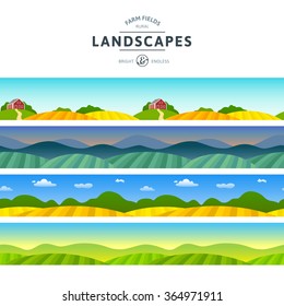 Set of Farm Fields Landscapes. Rural Horizontal Views. Agriculture in Village Illustrations for Banners and Packaging.