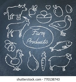 Set of farm food icons in sketch style on chalkboard. Hand drawn animals, vegetables and fruits.