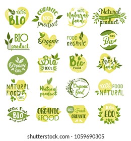 Set of farm food logo, natural product icon with leaves, organic and fresh vegetable or fruit sticker, no gmo guarantee. Nature and health, certified natural nutrition and environment, ecology theme