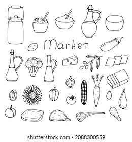 Set of farm food vector illustration, hand drawing doodles, dairy products, oil, meat, fruits and vegetables