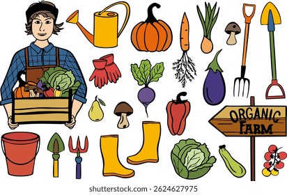Set Farm food. vector illustration. Hand drawn farmer and vegetables. Organic farming with farmer. Agriculture and farmer market. Organic farm