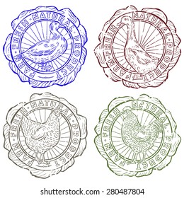 Set of farm fresh stamps .Round farm fresh rubber stamps with chicken,roster,goose and duck.