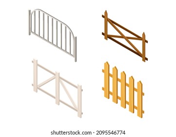 Set of farm or garden wooden fences isometric vector illustration