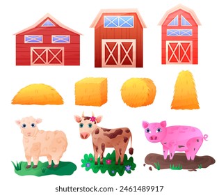 Set of farm house and animals with hay straw