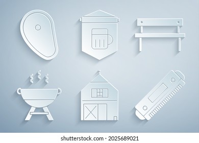 Set Farm House, Bench, Barbecue grill, Harmonica, Signboard with glass of beer and Steak meat icon. Vector