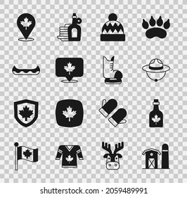 Set Farm house, Bottle of maple syrup, Canadian ranger hat, Beanie, leaf, Kayak,  and Skates icon. Vector