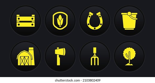 Set Farm house, Bucket, Wooden axe, Garden rake, Horseshoe, Shield corn, Tree and box icon. Vector