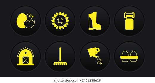 Set Farm house, Can container for milk, Garden rake, Watering can, Waterproof rubber boot, Sunflower, Chicken egg box and Little chick cracked icon. Vector