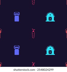Set Farm house, Can container for milk, Carrot and Shovel on seamless pattern. Vector
