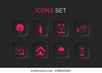 Set Farm house, Carrot, Tree, Sunrise, Leaf in hand, Flower, Calendar with autumn leaves and  icon. Vector