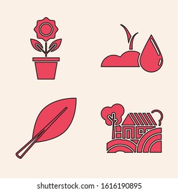 Set Farm House concept, Flower in pot, Watering sprout and Leaf icon. Vector