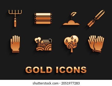 Set Farm House concept, Gardening handmade scissors for trimming, gloves, Tree with pears, Sprout, rake and Wooden box icon. Vector