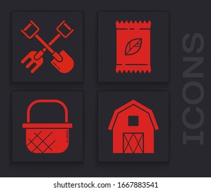 Set Farm House concept, Shovel and rake, A pack full of seeds of a specific plant and Shopping basket icon. Vector