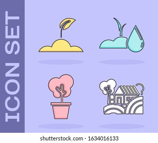 Set Farm House concept, Sprout, Tree in pot and Watering sprout icon. Vector