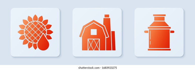 Set Farm House concept, Sunflower and Can container for milk. White square button. Vector