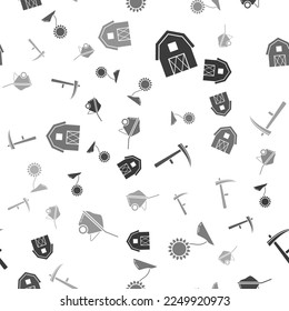 Set Farm House concept, Sunflower, Scythe and Wheelbarrow with dirt on seamless pattern. Vector