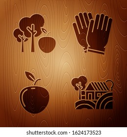 Set Farm House concept, Tree with apple, Apple and Garden gloves on wooden background. Vector